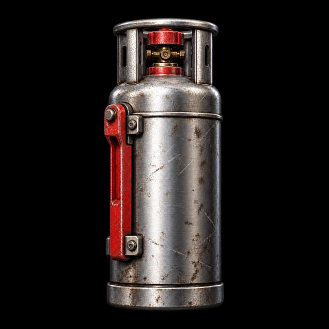Upright weathered silver steel fuel canister inside a protective collar, with a bright red valve cap and a bright red vertical locking bar on its side